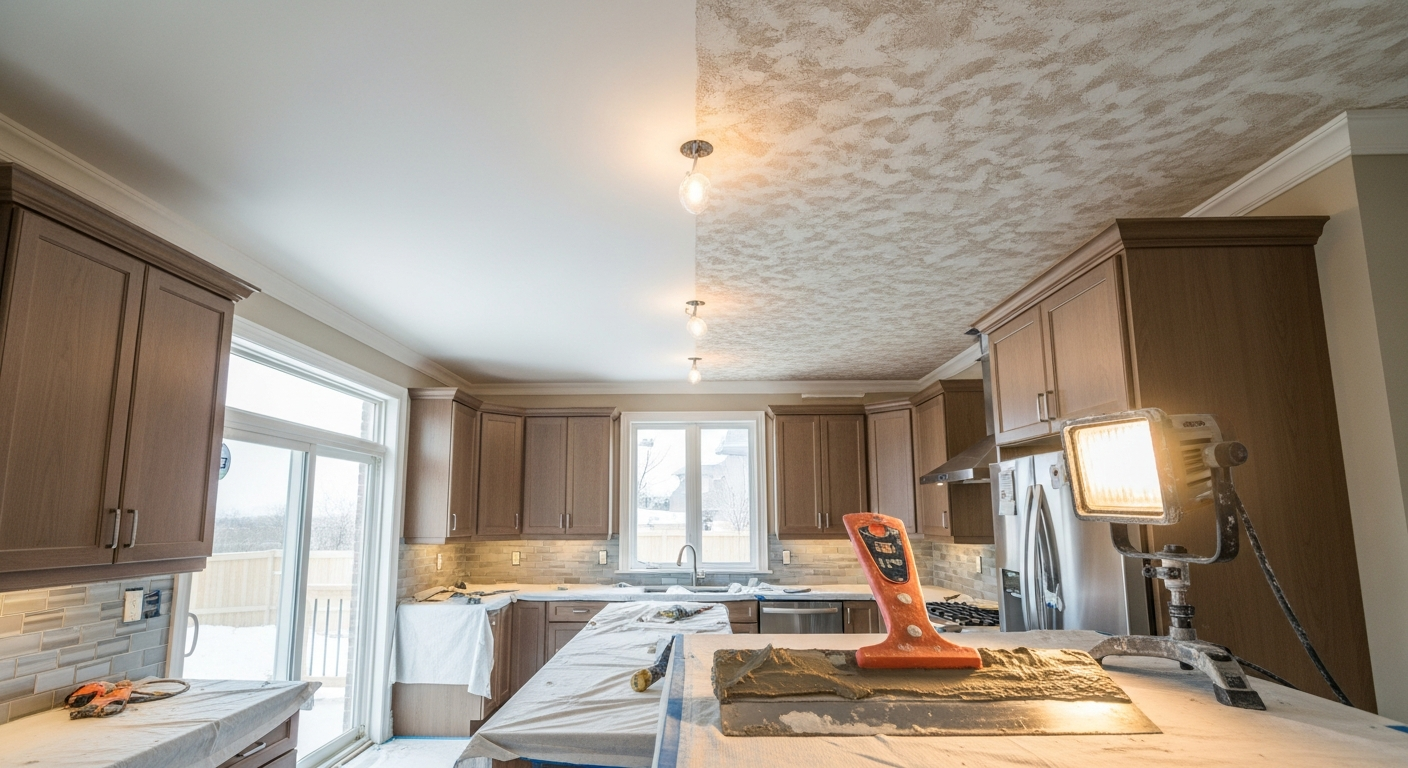 Editorial detail of a East Gwillimbury ceiling texture application install — visible quality finish