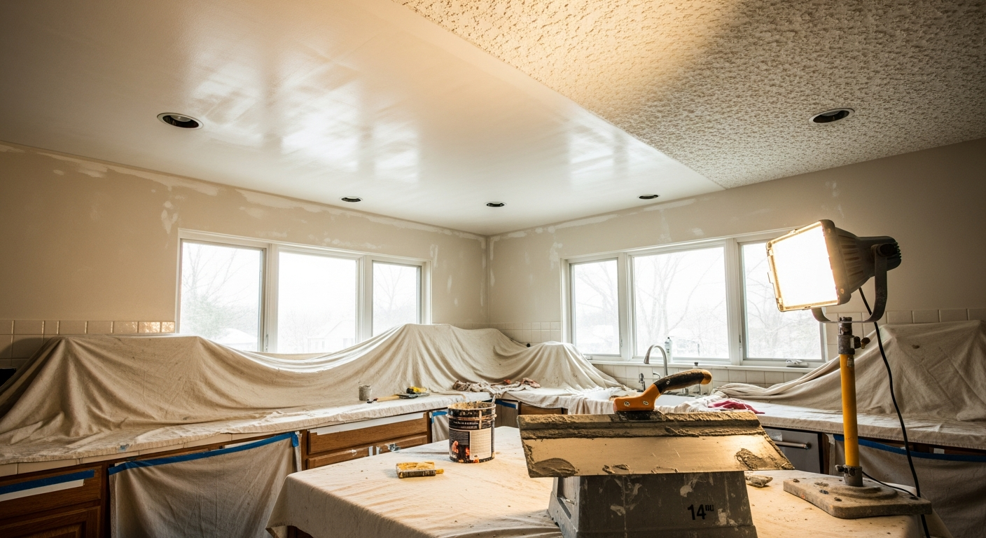 Completed ceiling texture application work showcasing finishing details in Georgina