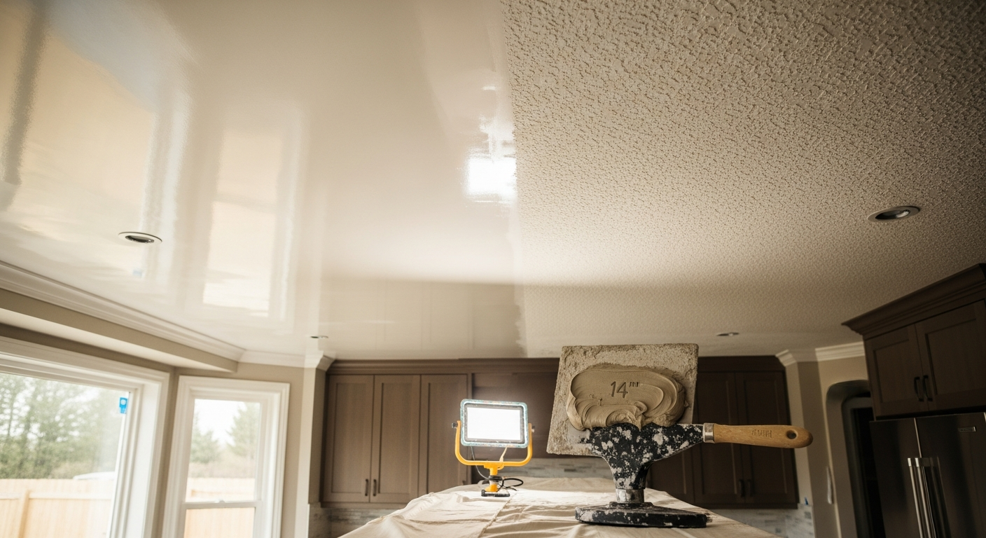 Detail view of a ceiling texture application job finished in King City — expert craftsmanship