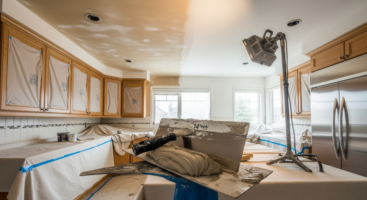 Recently completed ceiling texture application renovation in a Milton home