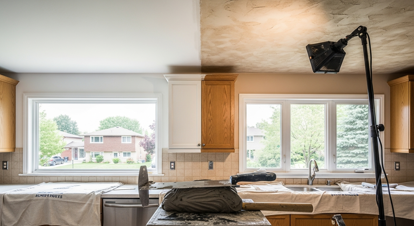 Recently completed ceiling texture application renovation in a Mississauga home