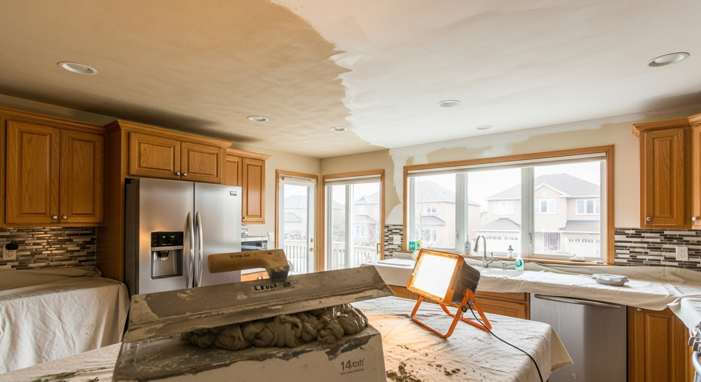 Detail view of a ceiling texture application job finished in Newmarket — expert craftsmanship