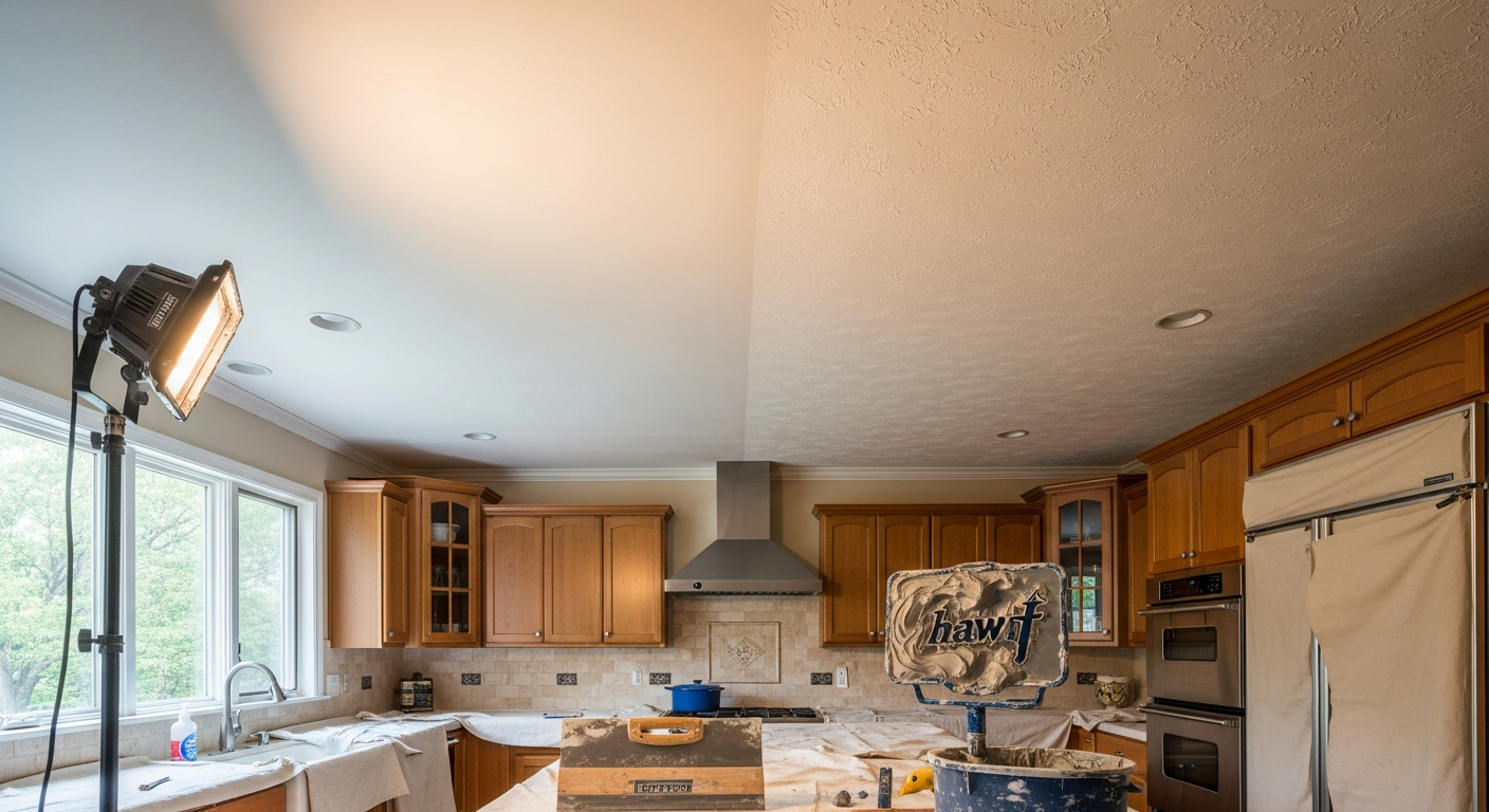 Editorial detail of a Pickering ceiling texture application install — visible quality finish