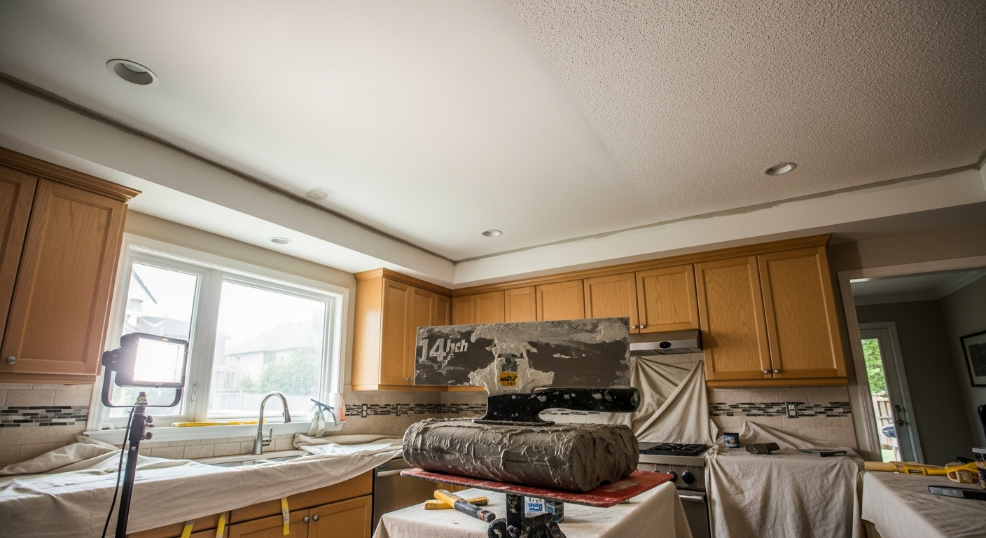 On-site ceiling texture application install detail at a Uxbridge property