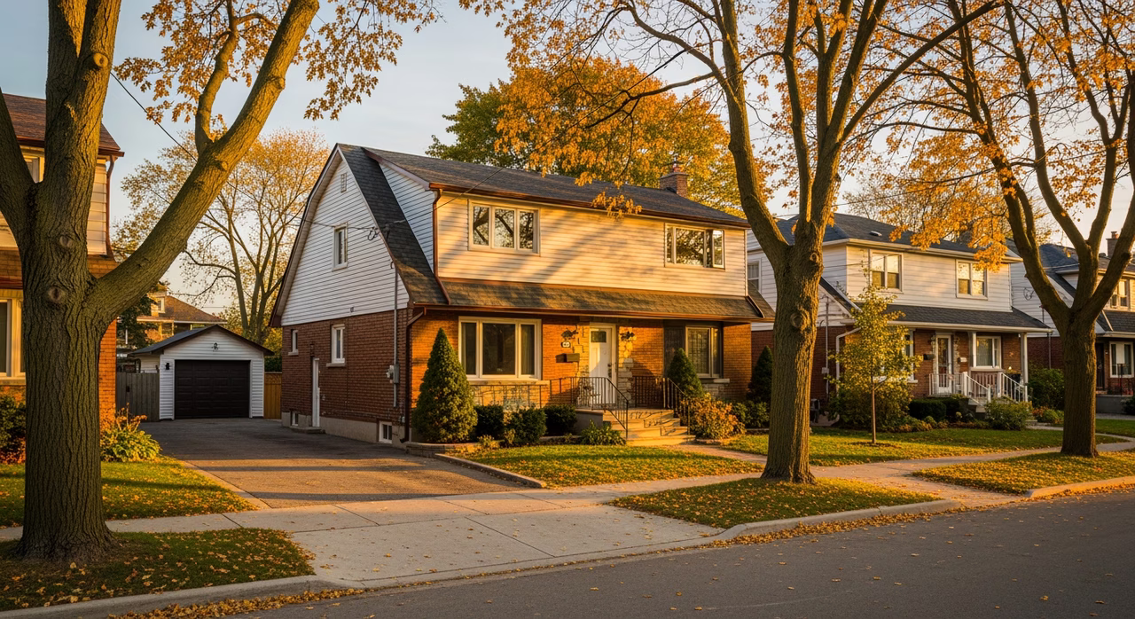 Toronto North York 1960s detached two-storey home at golden hour with mature trees on post-war family street where ceiling-tiles drop-ceiling install is the #1 GTA basement-finishing solution at $4-$10 per sq ft for utility access and decorative direct-mount tin-pattern PVC tile runs $10-$15 in high-end residential renovations