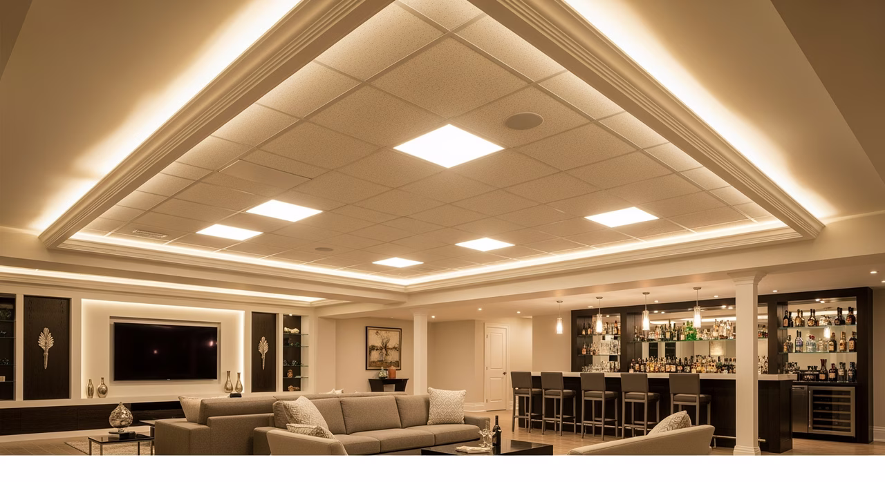 Completed Toronto luxury basement living area with premium Armstrong Optima Tegular fine-texture acoustic drop-ceiling on Donn Centricitee 9/16-inch fine-line grid, integrated recessed Cooper Halo HLBP-LED 2x2 panels with dimmable warm-white colour-temperature, perimeter shadow-mould trim in matching white