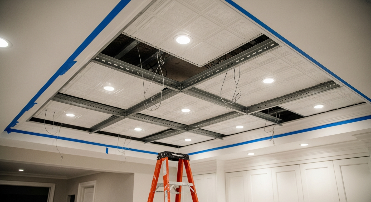 Ceiling Tile Installation & Repair portfolio close-up from a Ajax renovation by RenoHouse