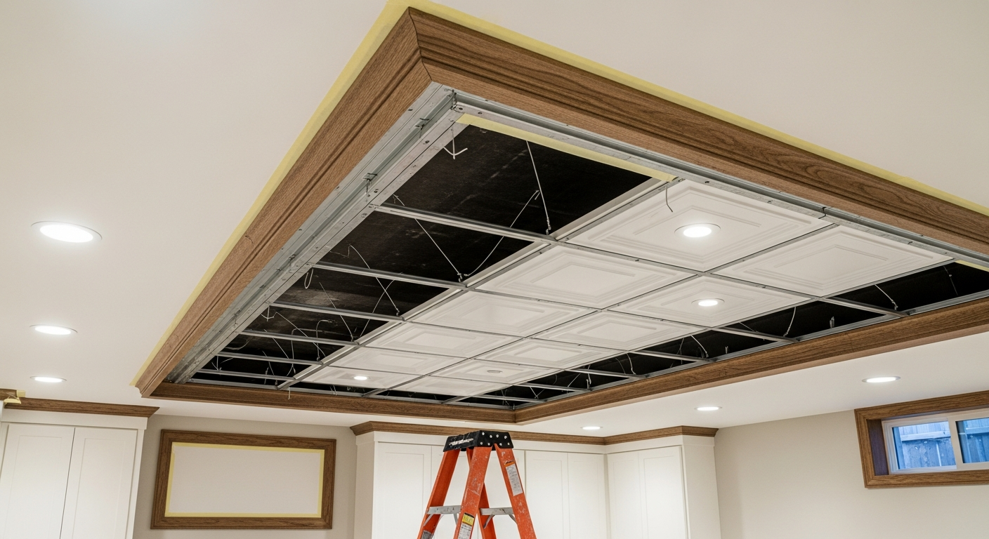 Close-up of professional ceiling tile installation & repair work delivered in Aurora