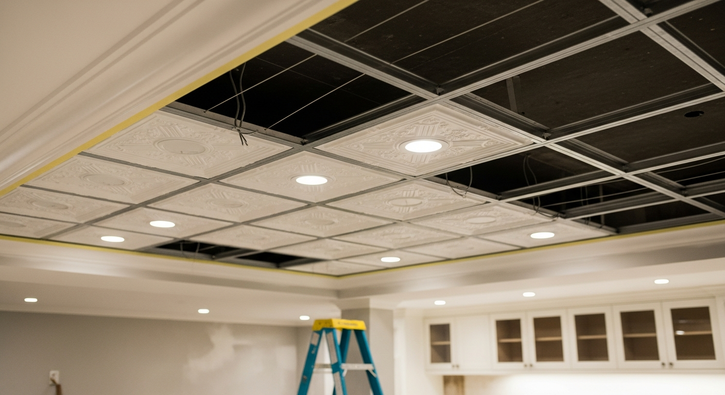 On-site ceiling tile installation & repair install detail at a Burlington property