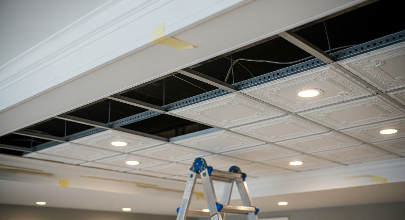 Completed ceiling tile installation & repair work showcasing finishing details in Caledon