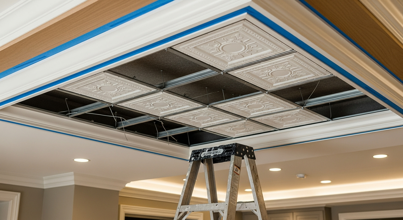 Close-up of professional ceiling tile installation & repair work delivered in East Gwillimbury