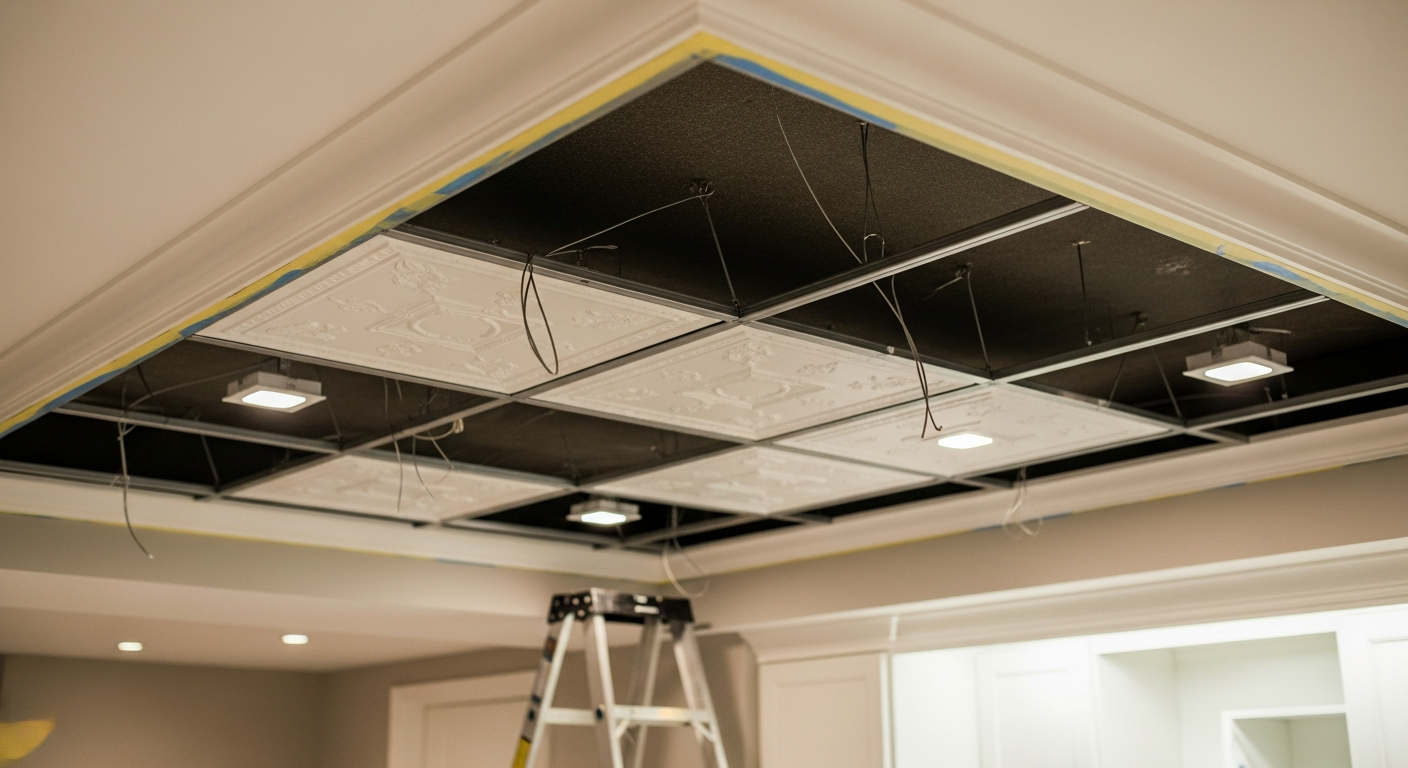 On-site ceiling tile installation & repair install detail at a Georgina property