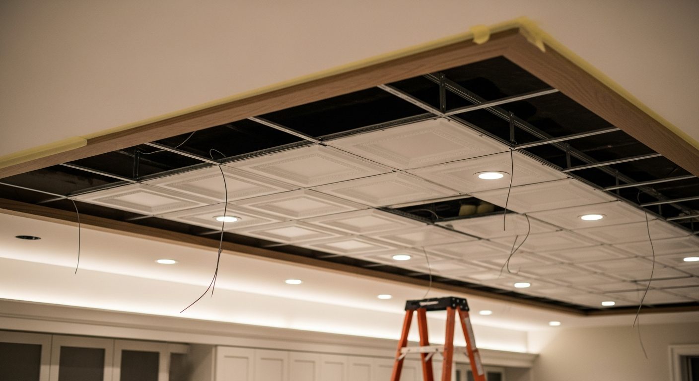 Completed ceiling tile installation & repair work showcasing finishing details in Newmarket