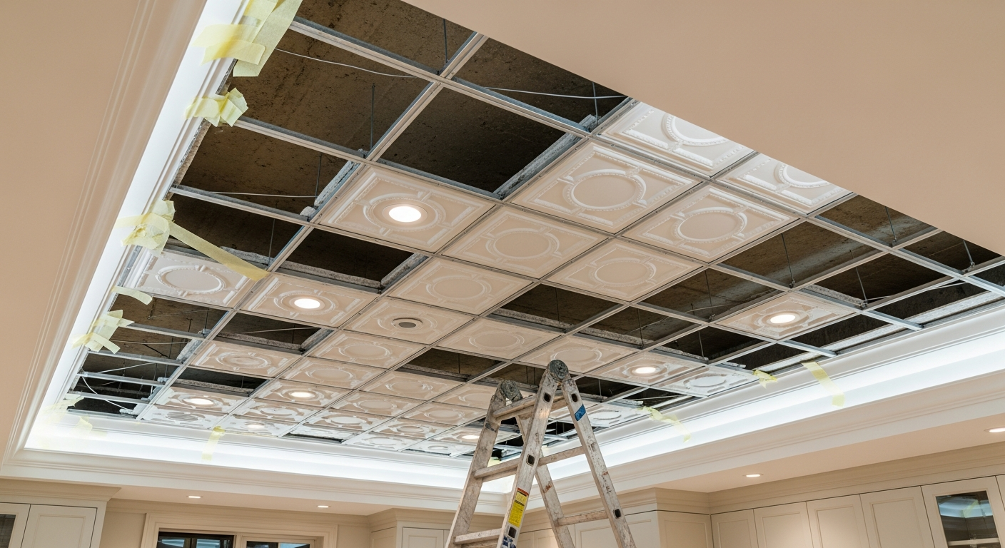 Recently completed ceiling tile installation & repair renovation in a Oakville home
