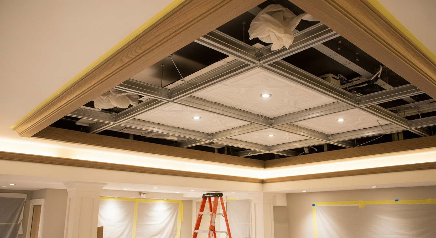 Detail view of a ceiling tile installation & repair job finished in Scugog — expert craftsmanship