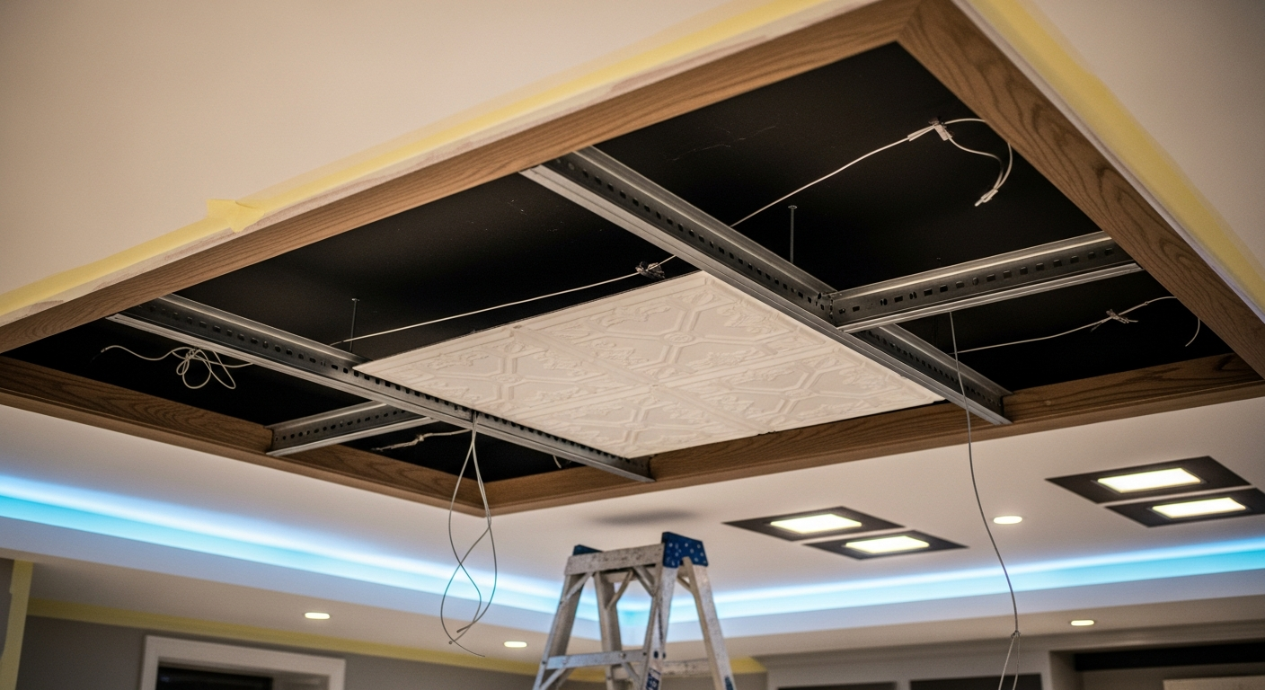 Close-up of professional ceiling tile installation & repair work delivered in Uxbridge
