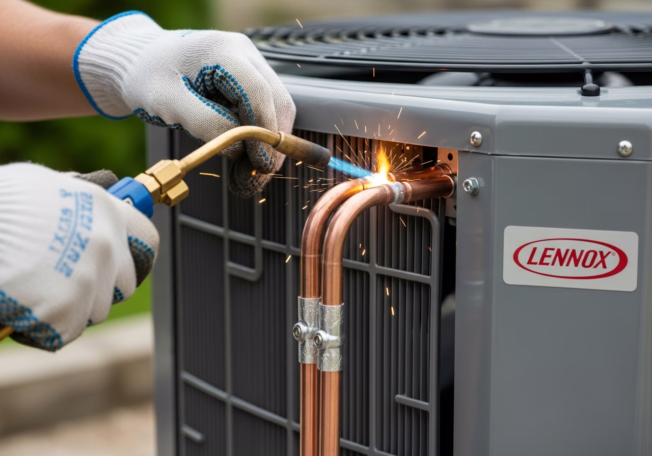 Brazing copper line-set to Lennox outdoor AC condenser — Toronto install