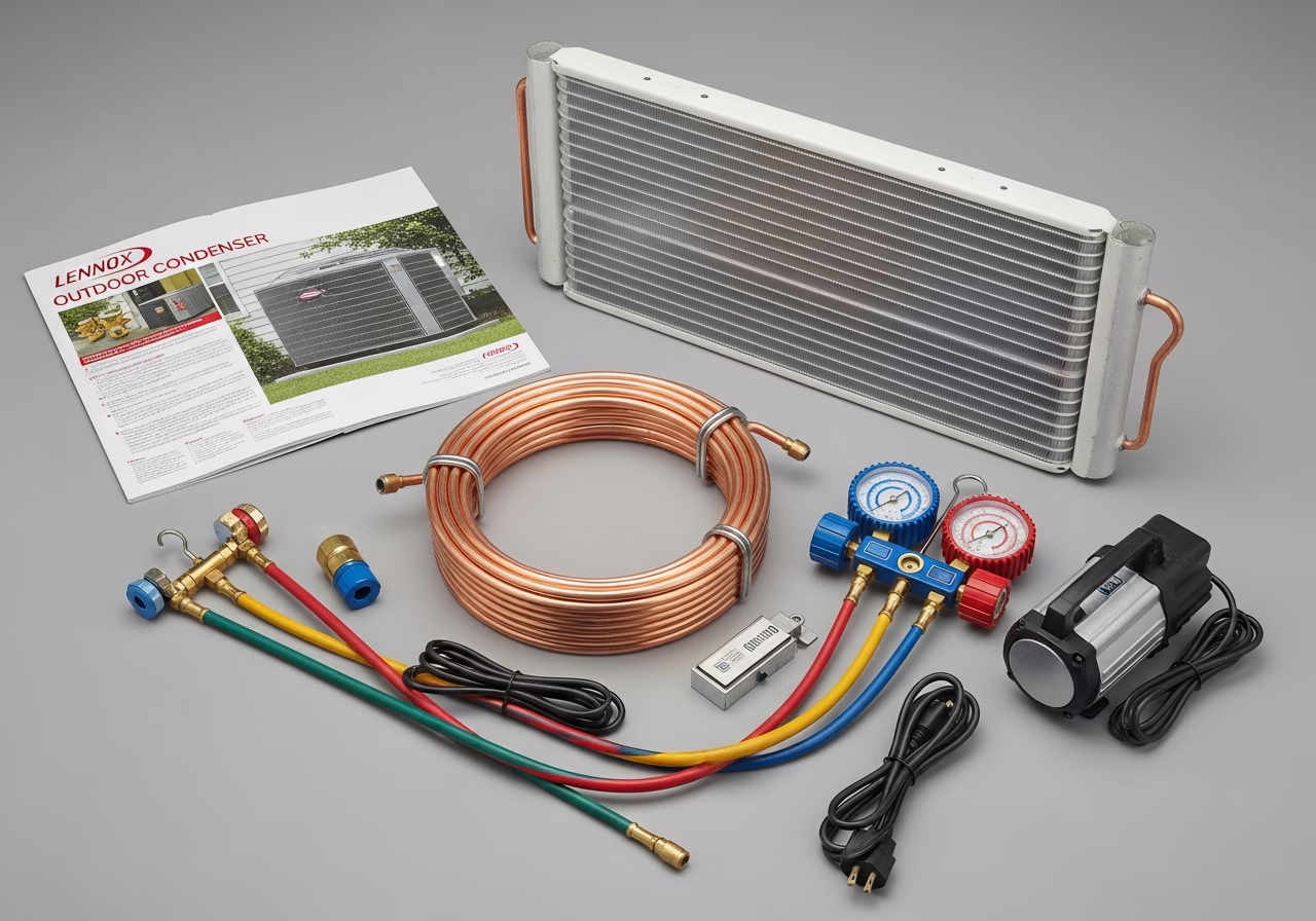 Central AC install kit — Lennox condenser, evaporator coil, copper line-set, gauges