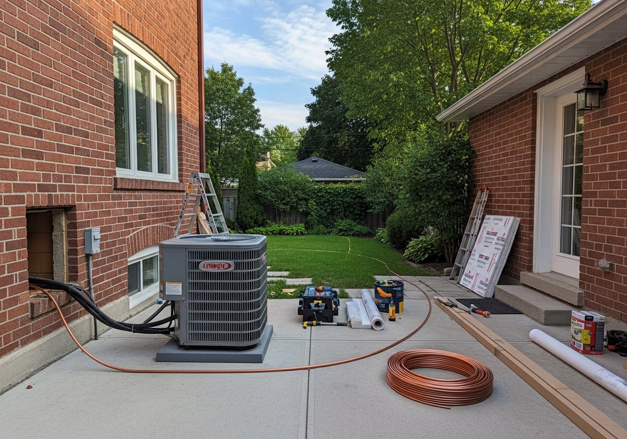 Toronto backyard AC install — Lennox condenser on concrete pad with line-set routing