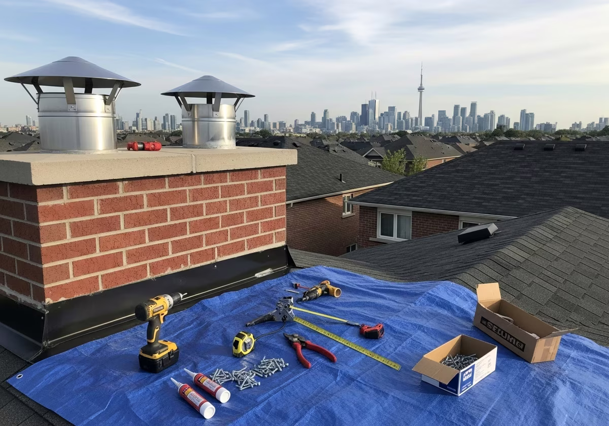 Tools and materials staged for chimney cap installation project