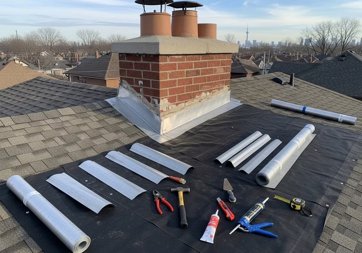 Tools and materials staged for chimney flashing repair project