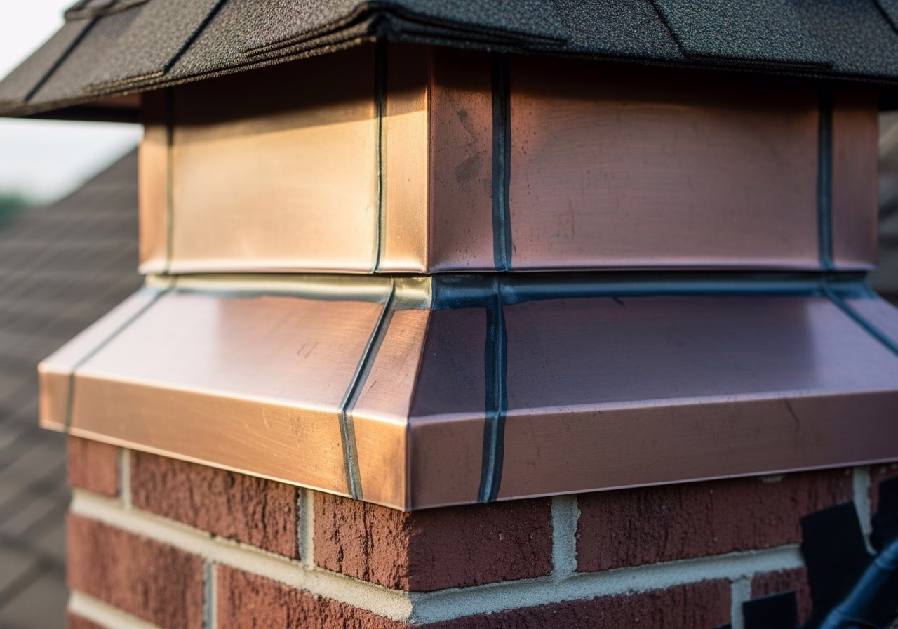 Close-up detail of professionally completed chimney flashing repair work