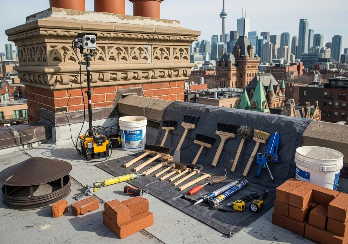 Tools and materials staged for chimney inspection