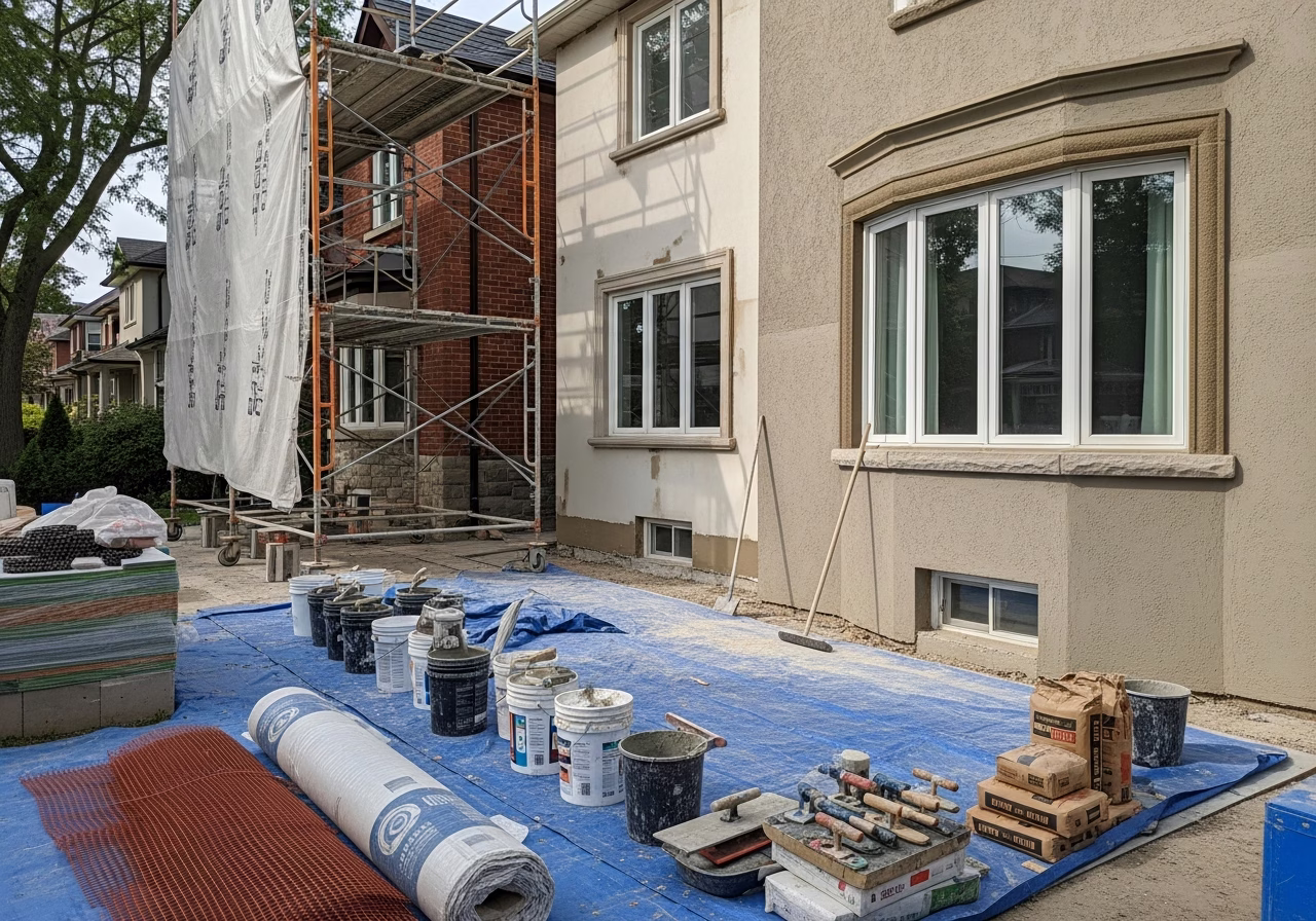 Stucco Exterior Installation tools and materials staged in Toronto home