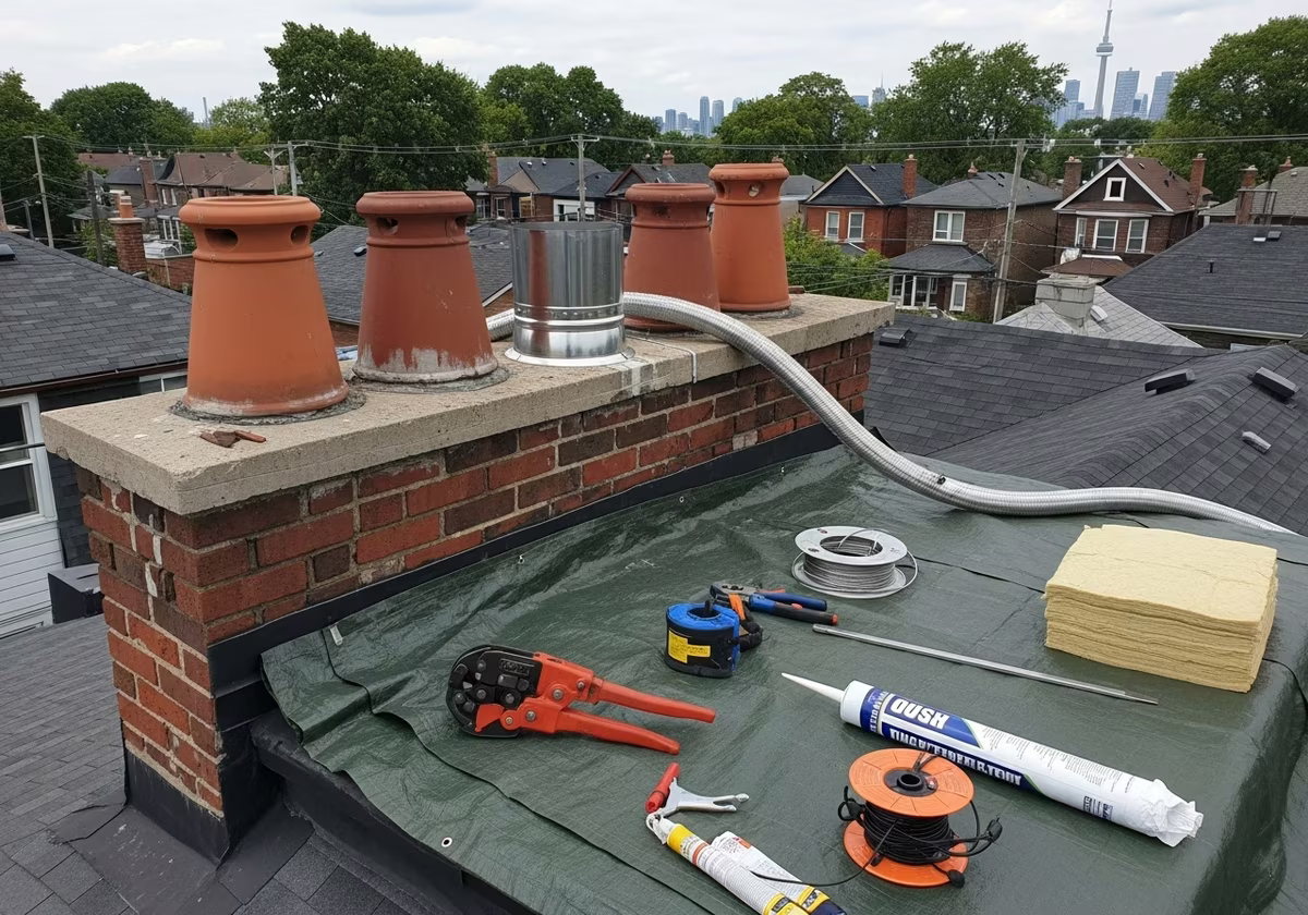 Tools and materials staged for chimney liner relining project