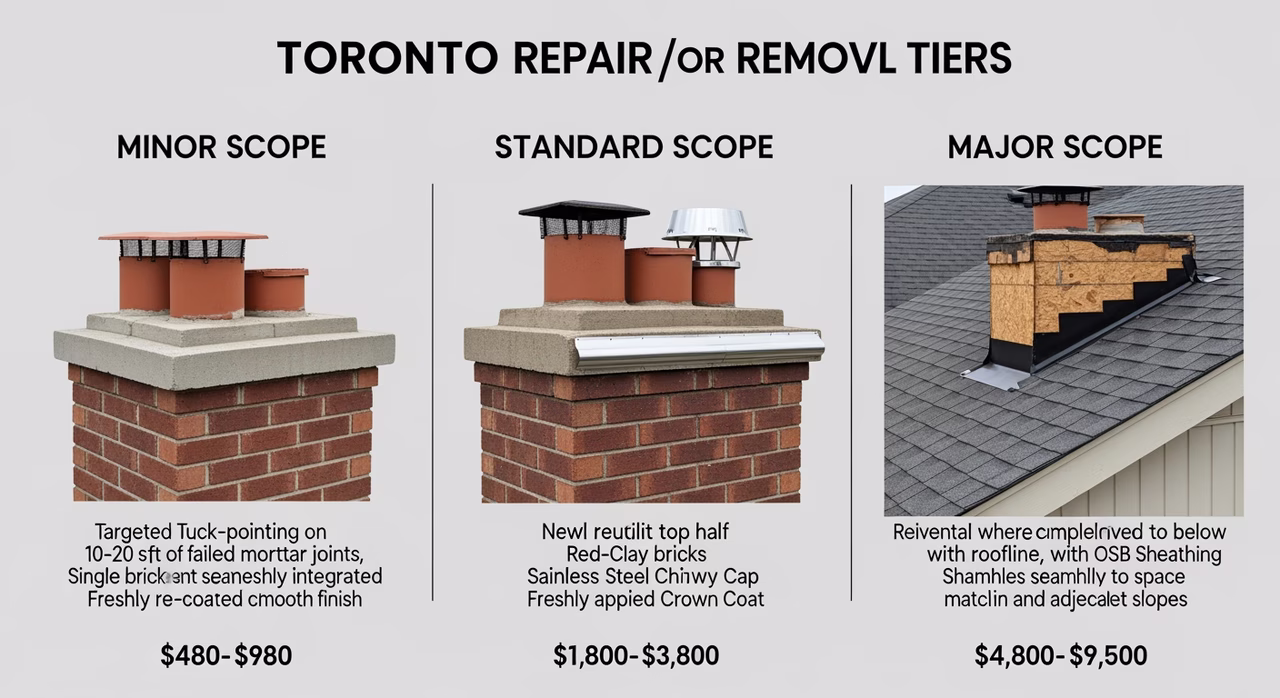 Three Toronto chimney scope tiers compared: minor repair tuckpointing 8-30 sq ft plus single-brick replacement plus cap inspection at $580-$1,400, standard 30-100 sq ft tuckpoint plus crown rebuild plus stainless cap install plus counter-flashing rebuild at $1,600-$3,200, major full chimney rebuild from above-roof to corbel plus liner relining at $3,800-$12,000, removal with gable infill at $4,200-$11,500