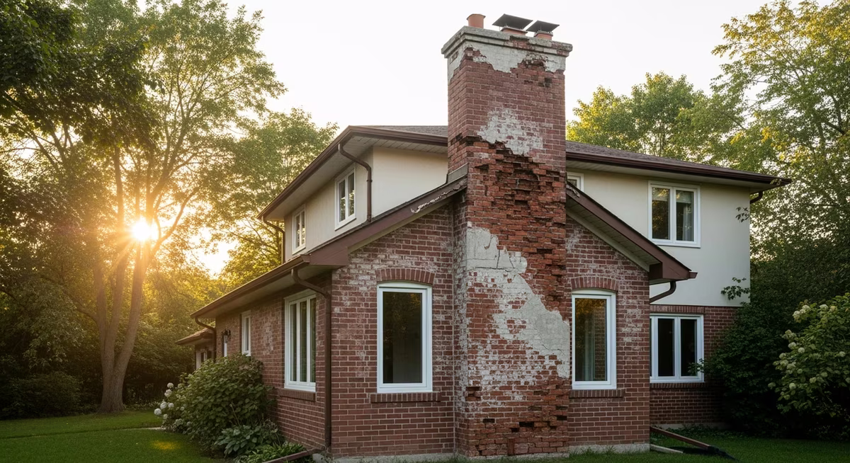 Toronto Cabbagetown 1900s Victorian semi-detached with original soft-fired clay brick chimney at 120-year service mark on heritage HCD street at golden hour where heritage chimney rebuild with Heritage Permit and salvaged matched brick supply commonly runs $3,800-$12,000 with 4-6 week permit lead time