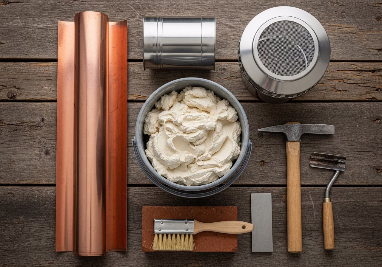 Chimney repair materials — lime mortar, copper flashing, stainless cap, jointer