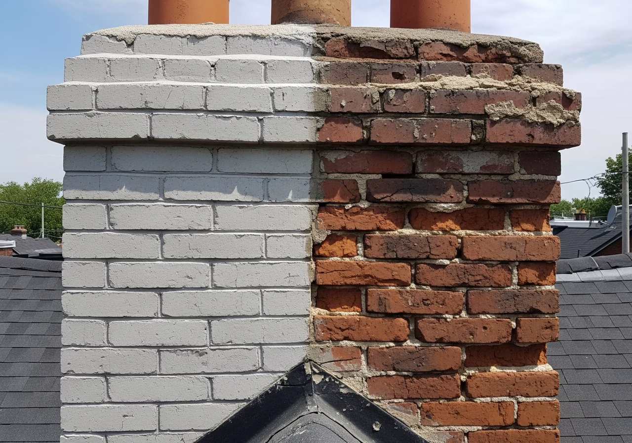 Toronto Cabbagetown Victorian chimney mid-tuckpointing — fresh vs eroded mortar