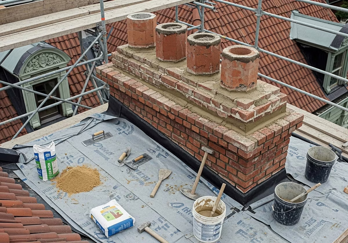 Tools and materials staged for chimney tuckpointing mortar repair project