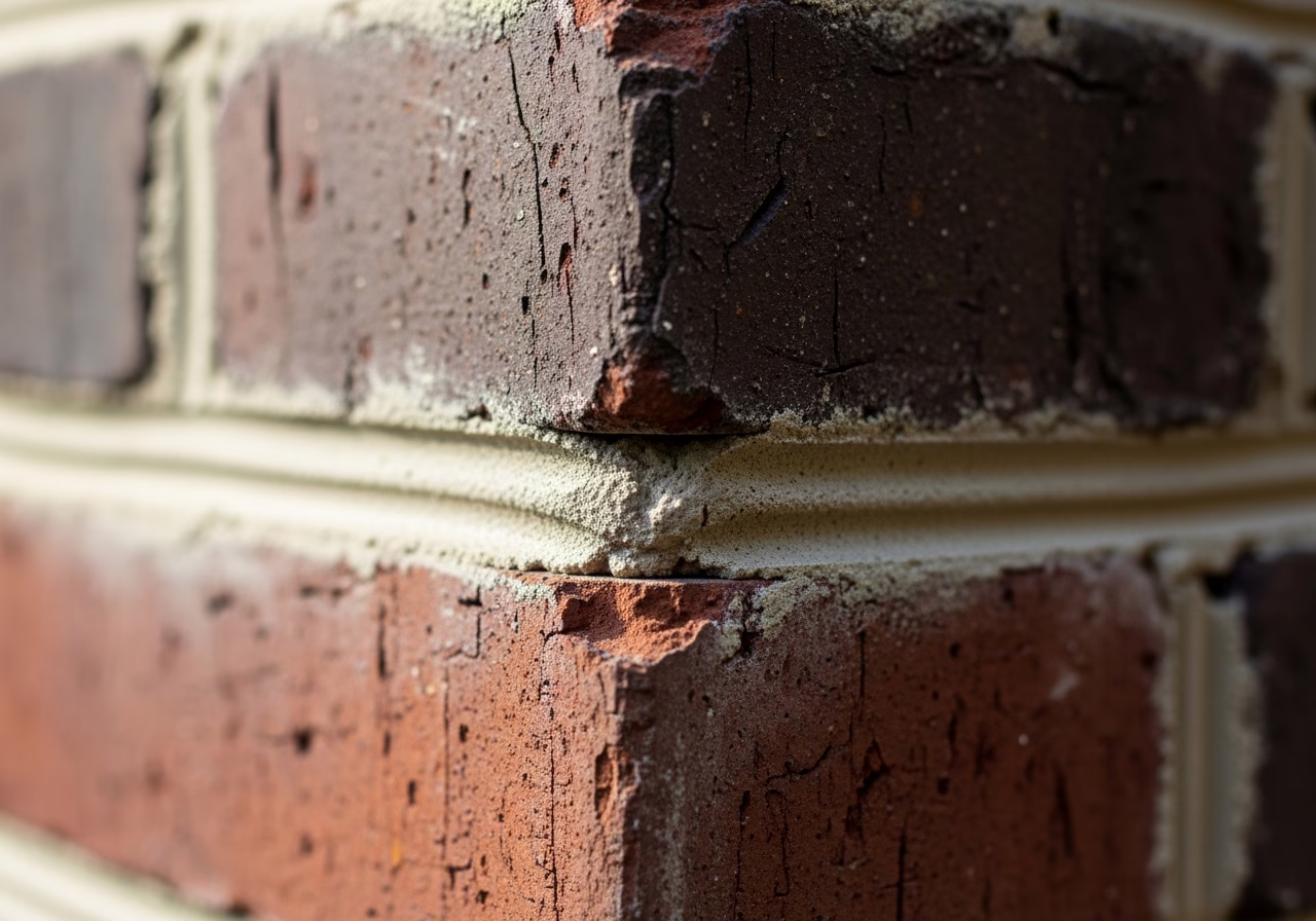 Close-up detail of professionally completed chimney tuckpointing mortar repair work