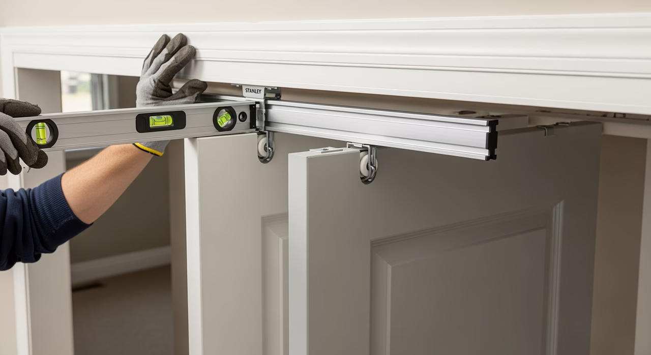 Toronto closet-doors installer setting Stanley Acme bypass closet-door track system above 6-foot bedroom-closet opening, two flush-flat MDF panel doors hanging from top-track via roller hangers, bottom guide-pin engaged into floor-track pivot, level checking horizontal