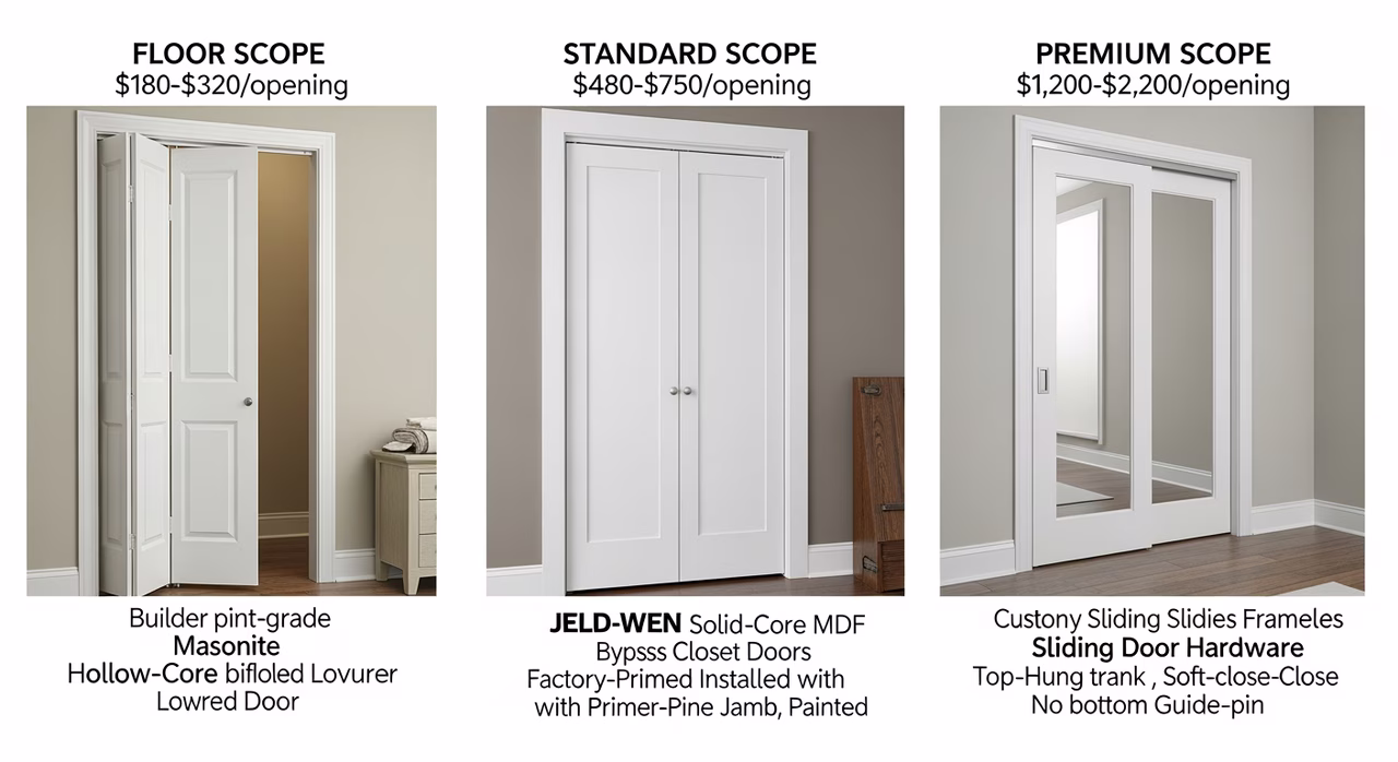 Three Toronto closet-doors tiers compared: floor Masonite hollow-core bifold louvred Stanley track white paint-grade at $180-$320, standard JELD-WEN flush-flat solid-core MDF bypass Stanley Acme glide-roller primed-pine at $480-$750, premium custom European-style frameless mirrored Stanley Sliding Door Hardware top-hung soft-close at $1,200-$2,200