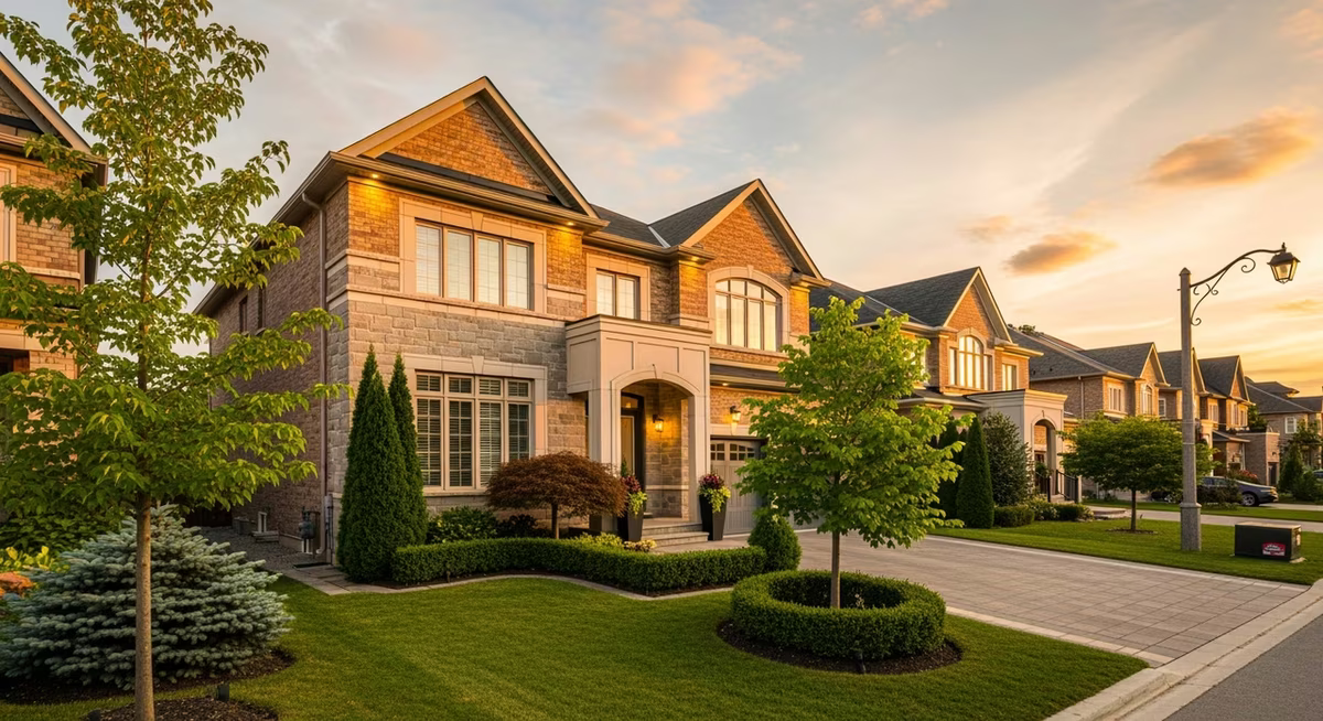 Toronto Vaughan 2010s detached two-storey home with mature manicured landscaping on suburban street at golden hour where custom European-style frameless mirrored closet doors with top-hung track and soft-close in master walk-in closets run $1,200-$2,200