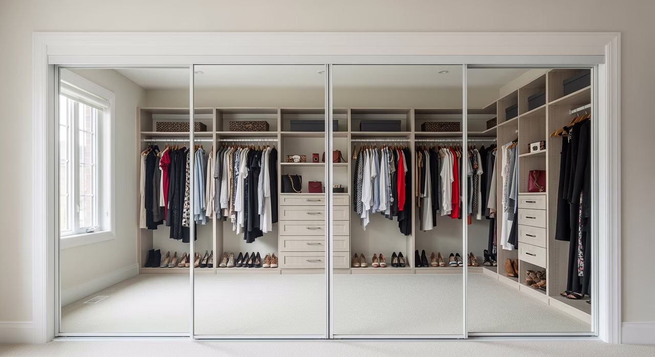 Completed Toronto master-bedroom walk-in closet with newly-installed custom European-style frameless mirrored bypass closet doors on Stanley top-hung sliding track with soft-close damper, no visible bottom track, mirror reflection of organized closet interior