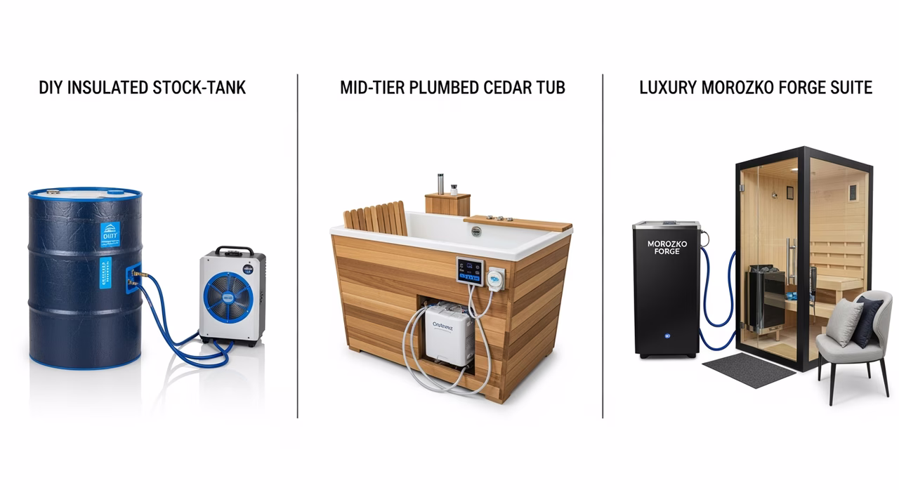 Three Toronto cold-plunge tiers compared: DIY insulated stock-tank barrel, mid-tier plumbed Plunge.com chiller with ozone, luxury Morozko Forge full hot/cold contrast suite