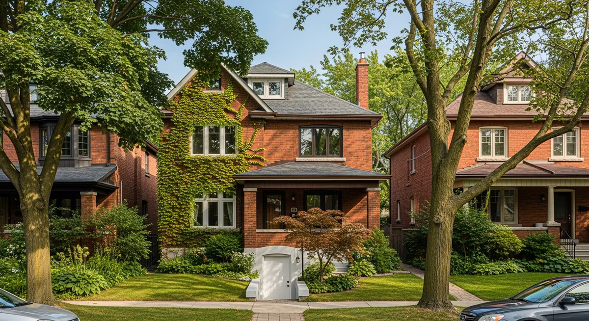 Toronto Bloor West Village 1920s detached red-brick home with fresh white basement entry door at grade, ivy-clad masonry and mature maple trees on a quiet leafy street
