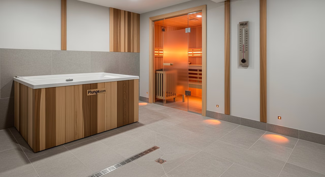 Completed luxury cold-plunge install with cedar-surround Plunge.com tub on Schluter Kerdi tiled deck, adjacent Helo sauna visible, ambient LED uplighting and brushed-brass thermometer
