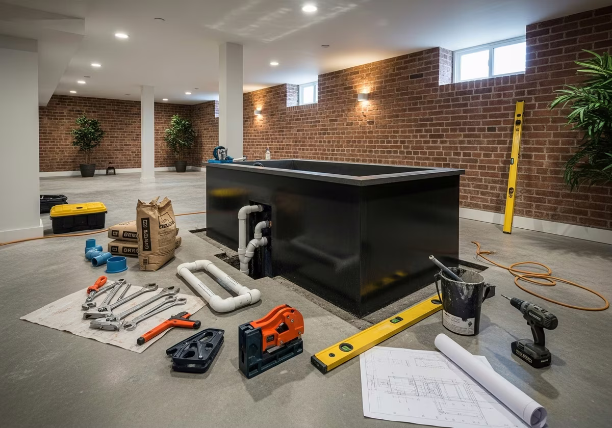 Tools and materials staged for cold plunge installation
