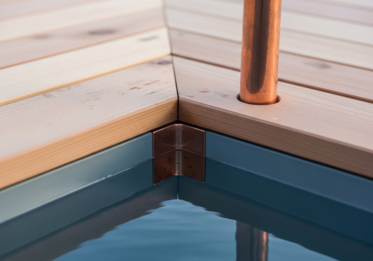 Close-up detail of finished cold plunge installation