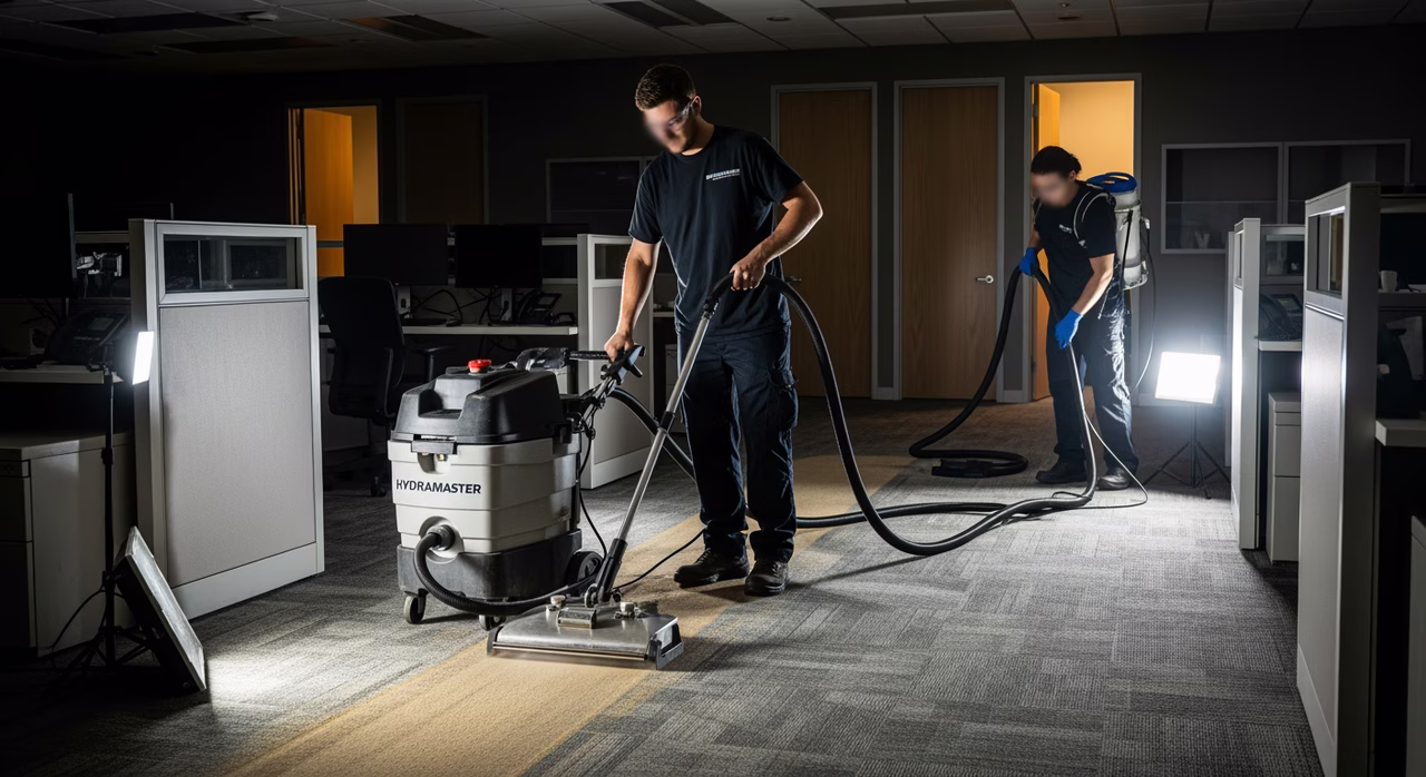 Toronto commercial cleaner with Hydramaster portable hot-water carpet extractor working high-traffic-lane in corporate office overnight, second crew with HEPA-vac on cubicle-edge carpet