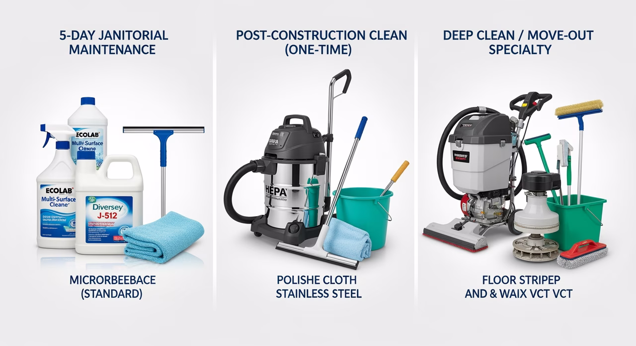 Three Toronto commercial cleaning tiers compared: 5-day janitorial maintenance with Ecolab Multi-Surface, post-construction one-time clean with HEPA-vac and detail glass-and-stainless, deep-clean / move-out with extraction and VCT strip-and-wax