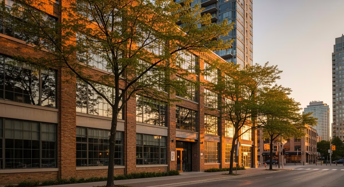 Toronto Liberty Village mid-rise loft-conversion office building at golden hour with brick-and-glass facade where janitorial contracts run $0.30-$0.45 per sq ft and post-construction cleans run $0.85-$1.20