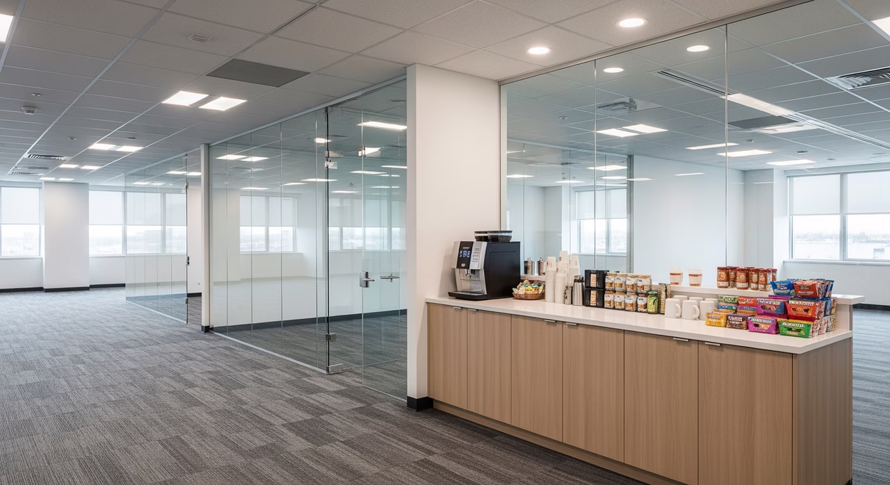 Completed Toronto post-construction commercial clean showing open-plan office with freshly-extracted carpet wand pattern, polished glass partition walls, dust-free baseboards, restocked break-room