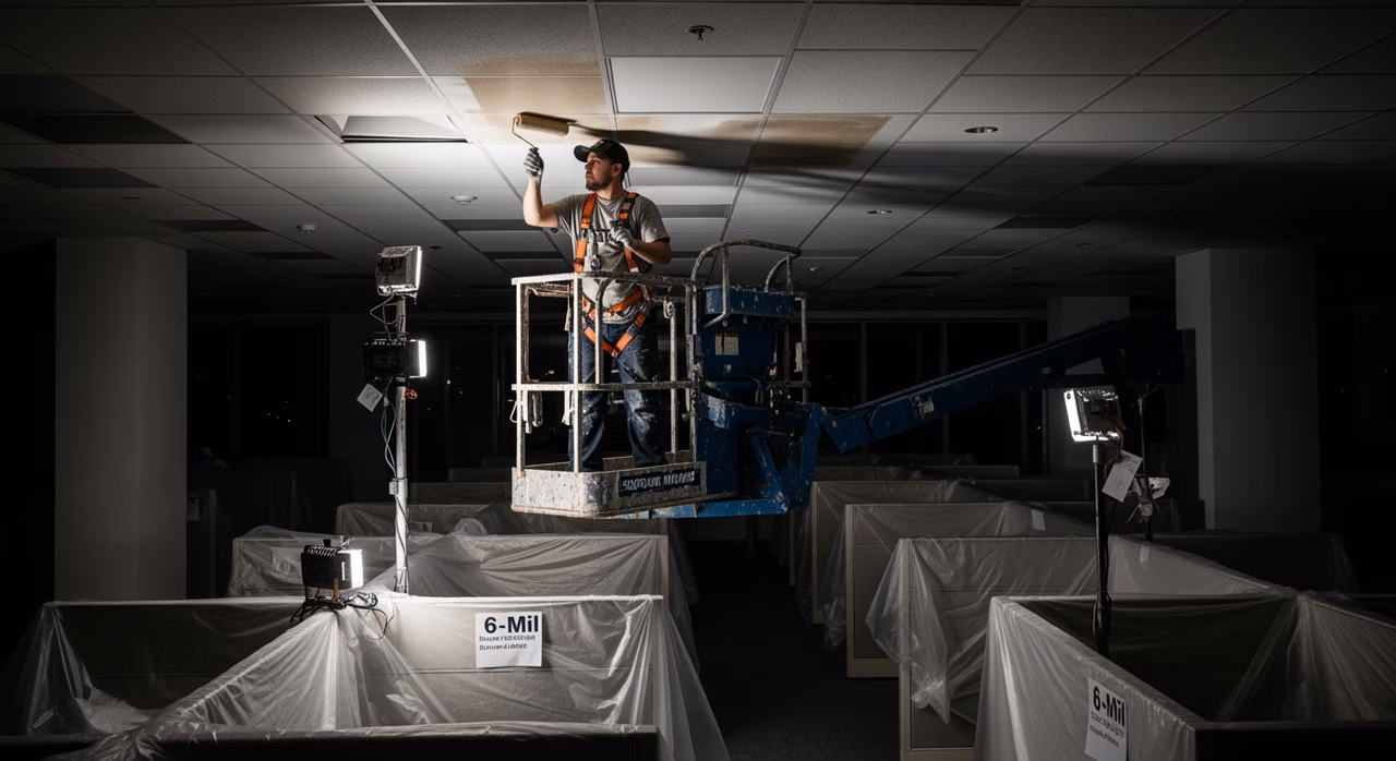 Toronto commercial painter on 16-foot mobile aerial-lift rolling third coat of Sherwin-Williams ProMar 200 onto open-plan office ceiling overnight with fall-protection harness clearly visible