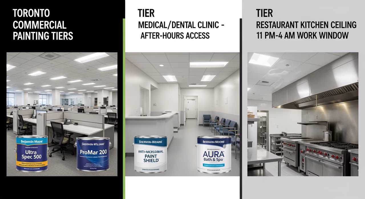 Three Toronto commercial painting tiers compared: open-plan office with Benjamin Moore Ultra Spec 500, medical/dental with SW Paint Shield anti-microbial, restaurant kitchen with FDA-compliant ceiling paint